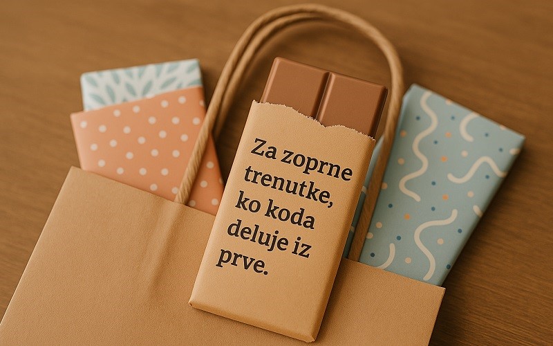 Čokolada v odtrganem ovitku z napisom Za zoprne trenutke, ko koda deluje iz prve