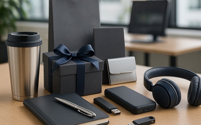 Poslovna darila, čutarica, beležnica, slušalke, na mizi